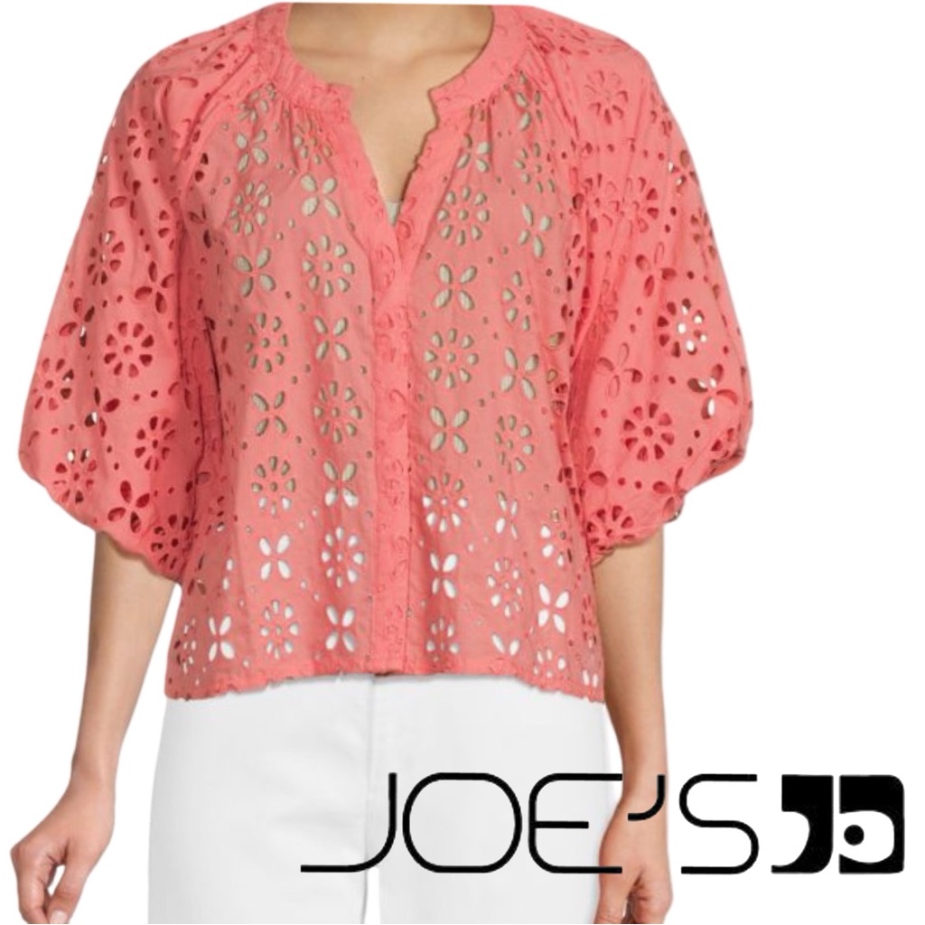 New $208 Joe’s Jeans Broderie Lace Puff-Sleeve Top Coral | Xs